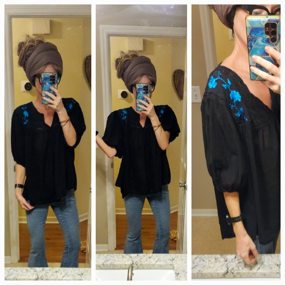 Vintage (?) Bubble Sleeve Embroidered Crochet Gauzy Top